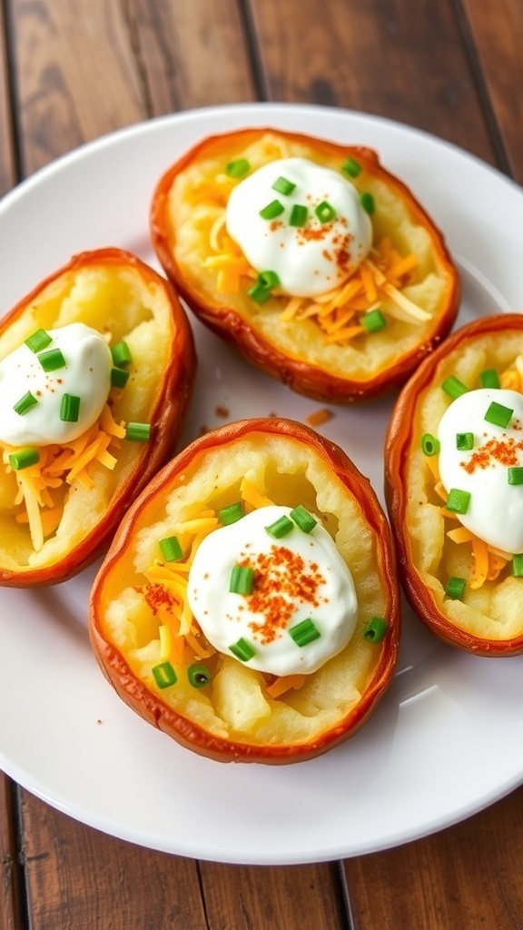 Air-fried baked potato halves topped with sour cream, cheese, and chives on a rustic table.